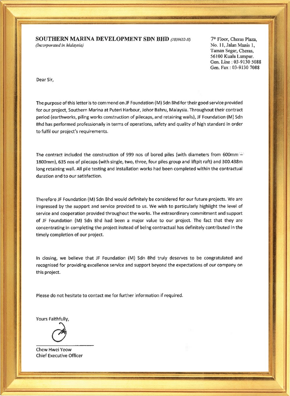 Complimentary Letter from Southern Marina Development